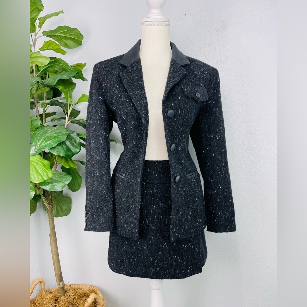 Vintage Ann Tjian For Kenar Petite Tweed Charcoal Mini Skirt Blazer Suit SET